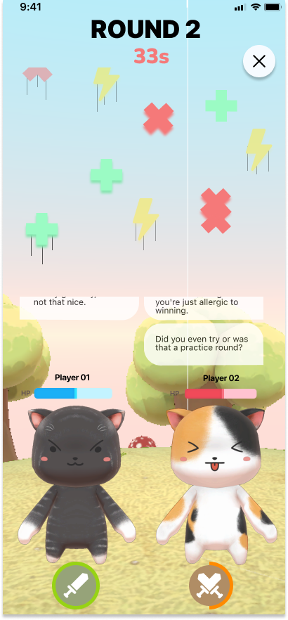 Round 2 battle — active gameplay with power-ups