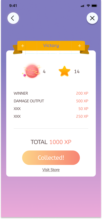 Victory screen with XP breakdown