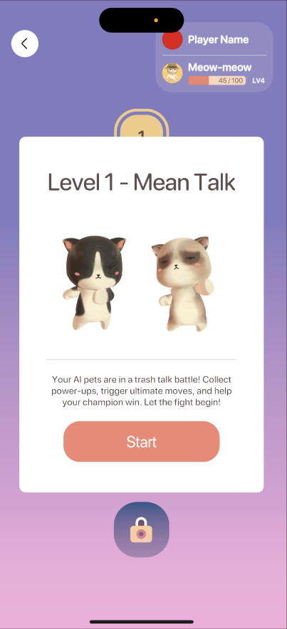 Mean Talk start screen with player info